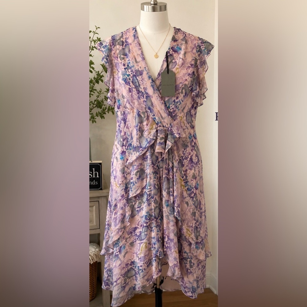 NWT AllSaints Reila Masala Ruffle Midi Dress Mink Pink Snake Print US 4